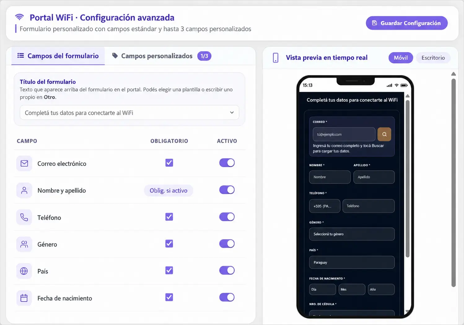 Portal WiFi – configuración avanzada de formularios